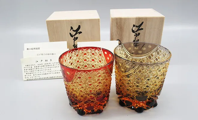 黒川昭男 江戸切子 ロックグラス 琥珀 計2点