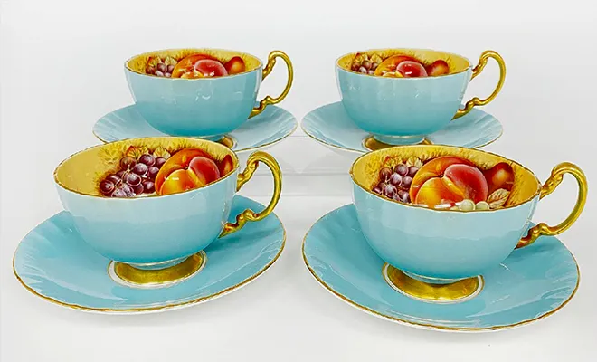 エインズレイ オーチャードゴールド ターコイズ カップ＆ソーサー 4客