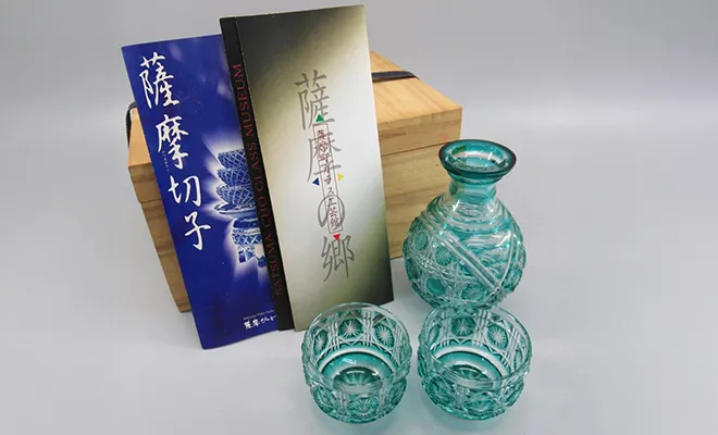 薩摩切子 切子徳利・猪口揃 計３点 薩摩びーどろ工芸作