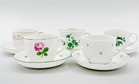 アウガルテン ウィンナーローズ/コーンフラワー/ビーダーマイヤー リボン/プリンスオイゲン/マリアテレジア カップ&ソーサー 5客