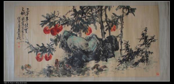 販売直販SH834 中国書画 掛け軸 近現代の書画家 呉昌碩 「博古花卉図」 紙本 立軸 巻き物 真作 肉筆保証 時代物 古美術 掛軸