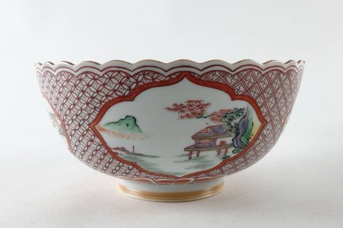 赤絵の幾何学模様と山水画が美しい五代三浦竹泉の茶碗