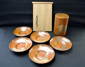 玉川堂 鎚起銅器葉文茶筒 茶托5客