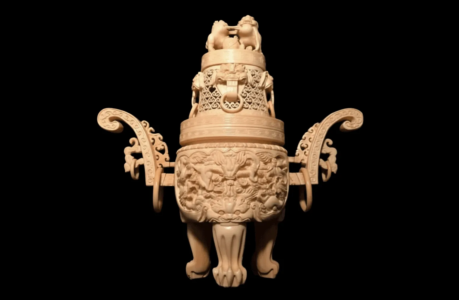 玉獅子蓋 三足香炉